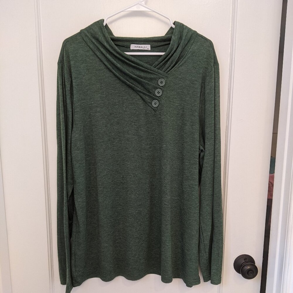Women’s Cotton Pullover Top 2XL Pleated Neck Sage Green Cozy Coastal Grandma